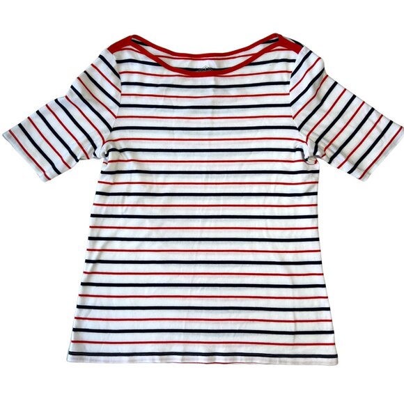 St. John's Bay Women M‎ Boatneck Tee 100% Cotton White Red Navy Striped Nautical - Picture 1 of 7